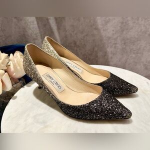 AUTH JIMMY CHOO GLITTERS SHIMMER TWO TONE OMBRÉ ROMY 60 GRADIENT HEELS 36.5